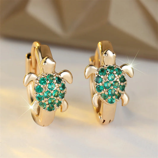 Vintage Gold Sea Turtle Zircon Hoop Earrings