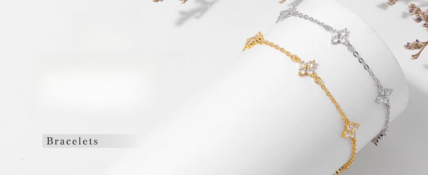 925 Silver CZ Four-Leaf Flower Bracelet