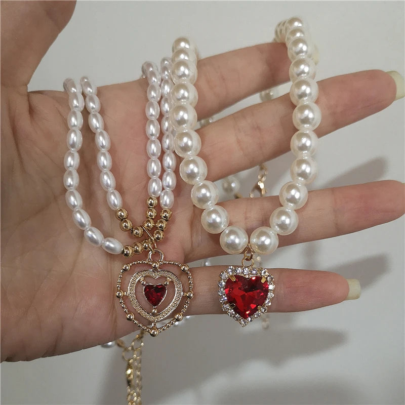 Baroque Red Crystal Heart Pearl Necklace