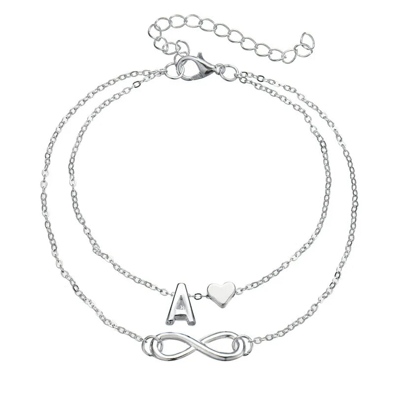 Boho Initial Anklet, Silver Infinity & Heart