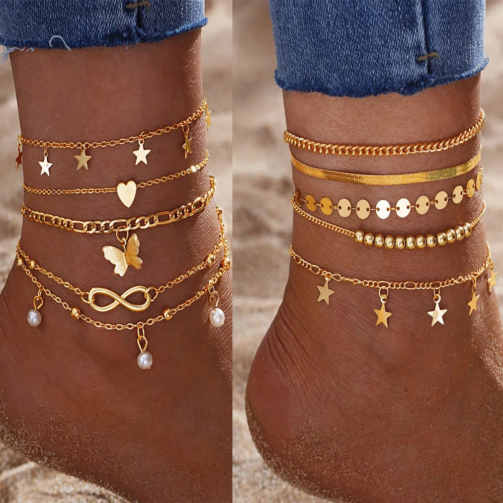 Boho Gold Snake Anklet Set with Charms