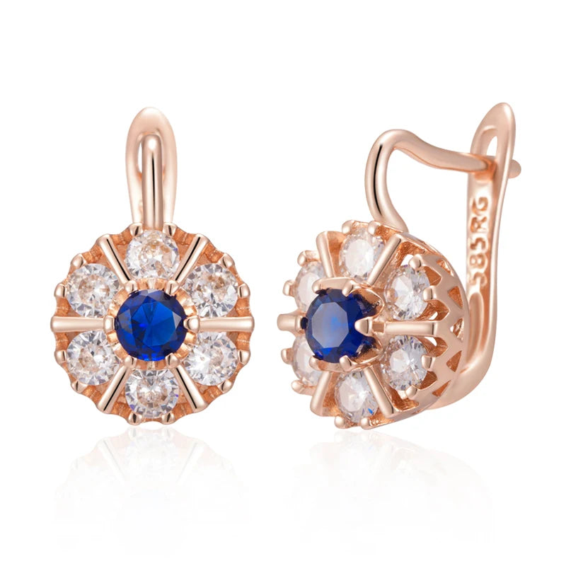 “585 Rose Gold Blue Zircon Flower Earrings