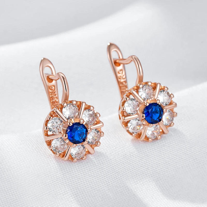 “585 Rose Gold Blue Zircon Flower Earrings