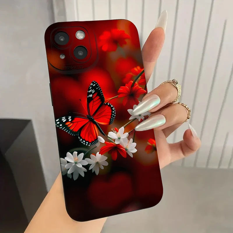 For iPhone 14 13 15 16 Pro Max Case Red Butterfly Flower Phone Case for iPhone 11 12 Mini Pro X XS XR 7 8 14 15 Plus SE2 Cover