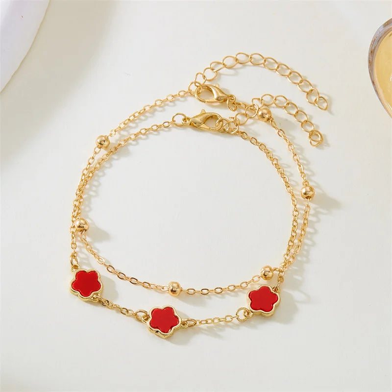 2PCS Lucky 5-Leaf Clover Anklet Set with Flower Charm