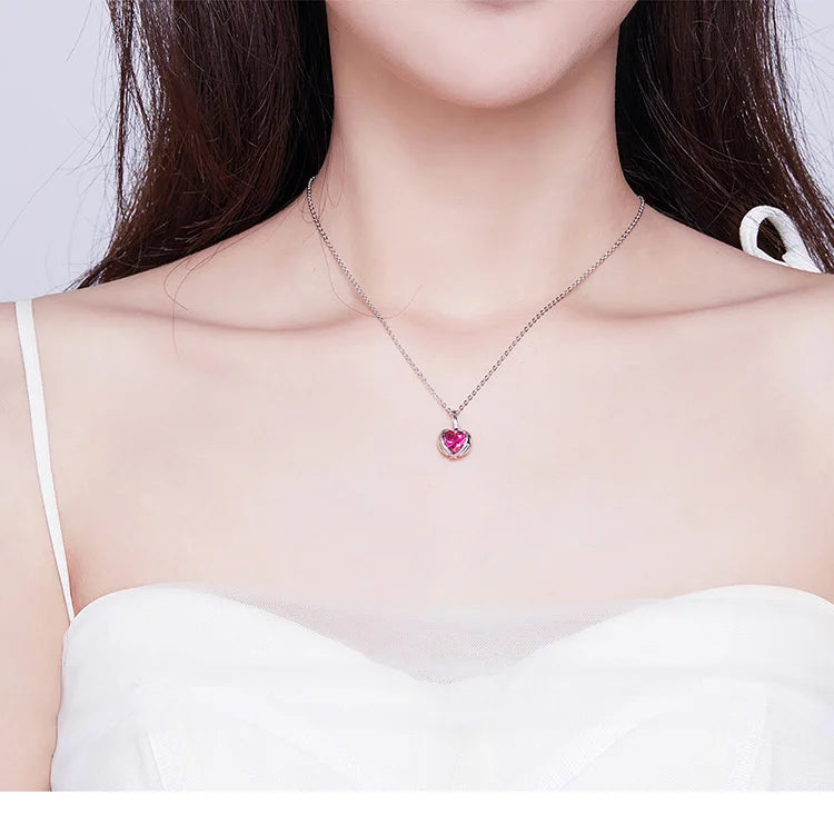 Bamoer Red Heart Wing Pendant Necklace 925 Silver