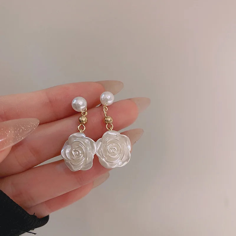 “Long Pearl Rhinestone Drop Earrings”