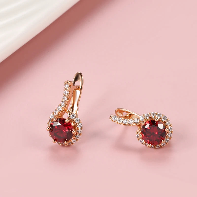 “585 Rose Gold Red Zircon Round Earrings