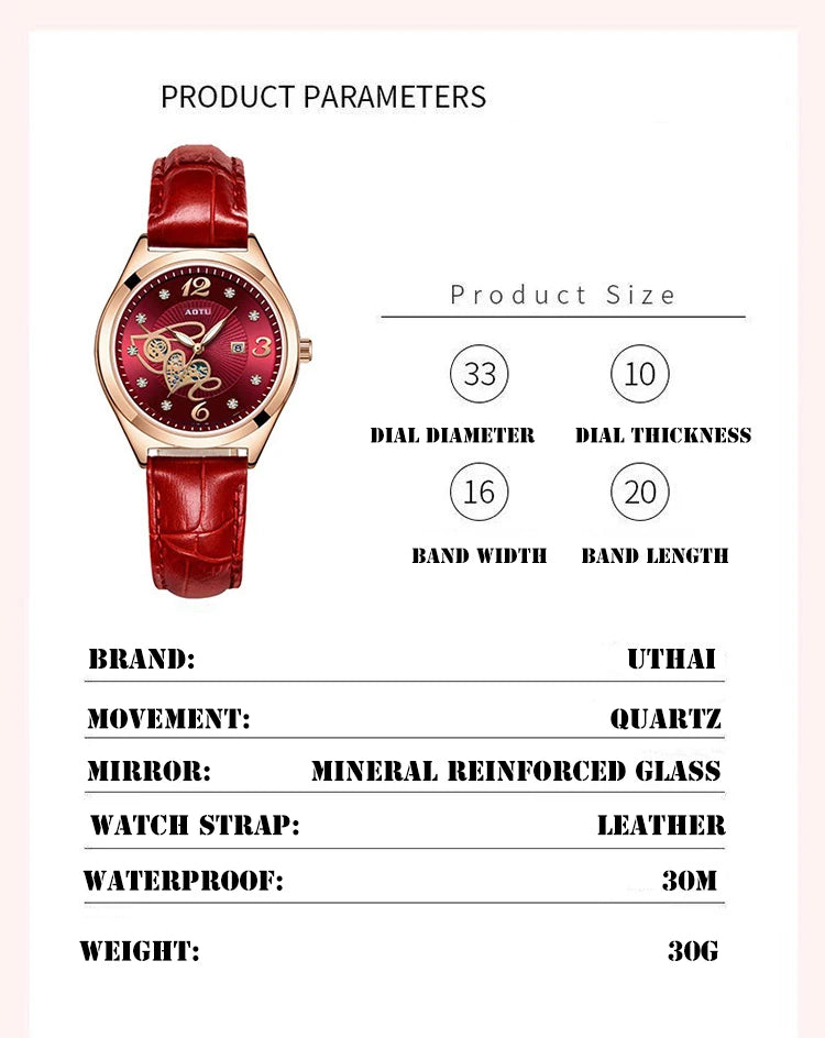UTHAI Women's Red Leather Quartz Watch