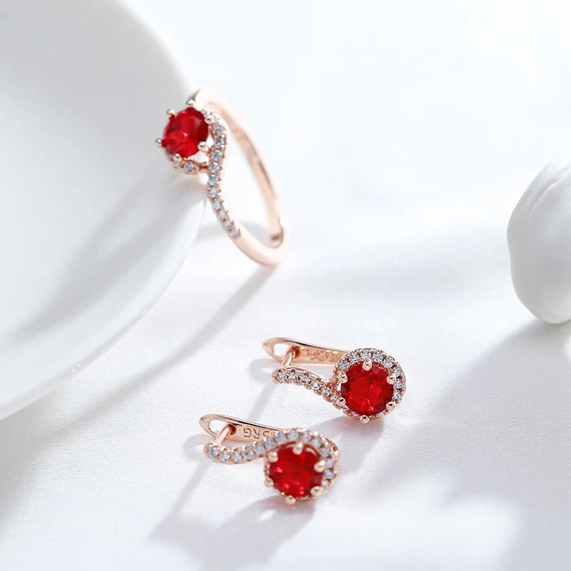 “585 Rose Gold Red Zircon Round Earrings