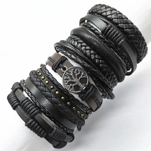 10pcs Black Woven Leather Bracelets Set”