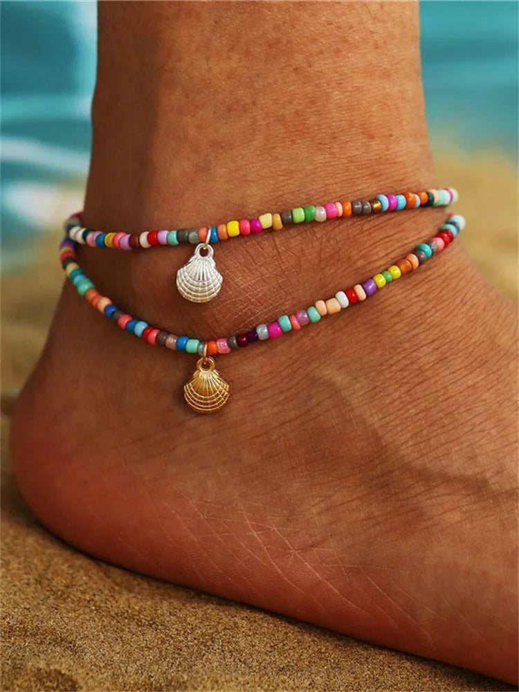 Rainbow Beads Shell Anklet, Gold & Silve