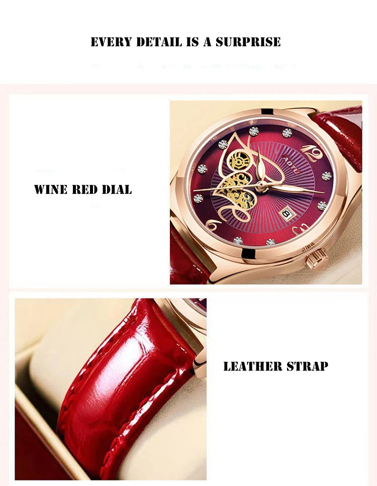 UTHAI Women's Red Leather Quartz Watch