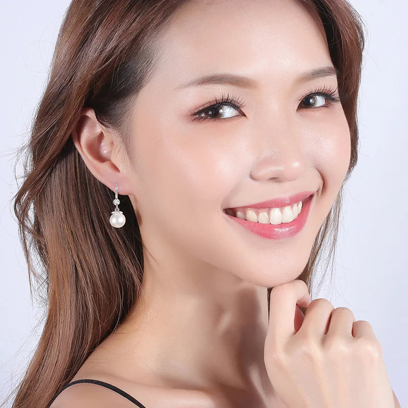 “925 Silver Long Pearl CZ Pendant Earrings