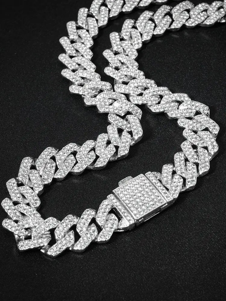 “15mm Silver Cuban Link Rhinestone Bracelet”