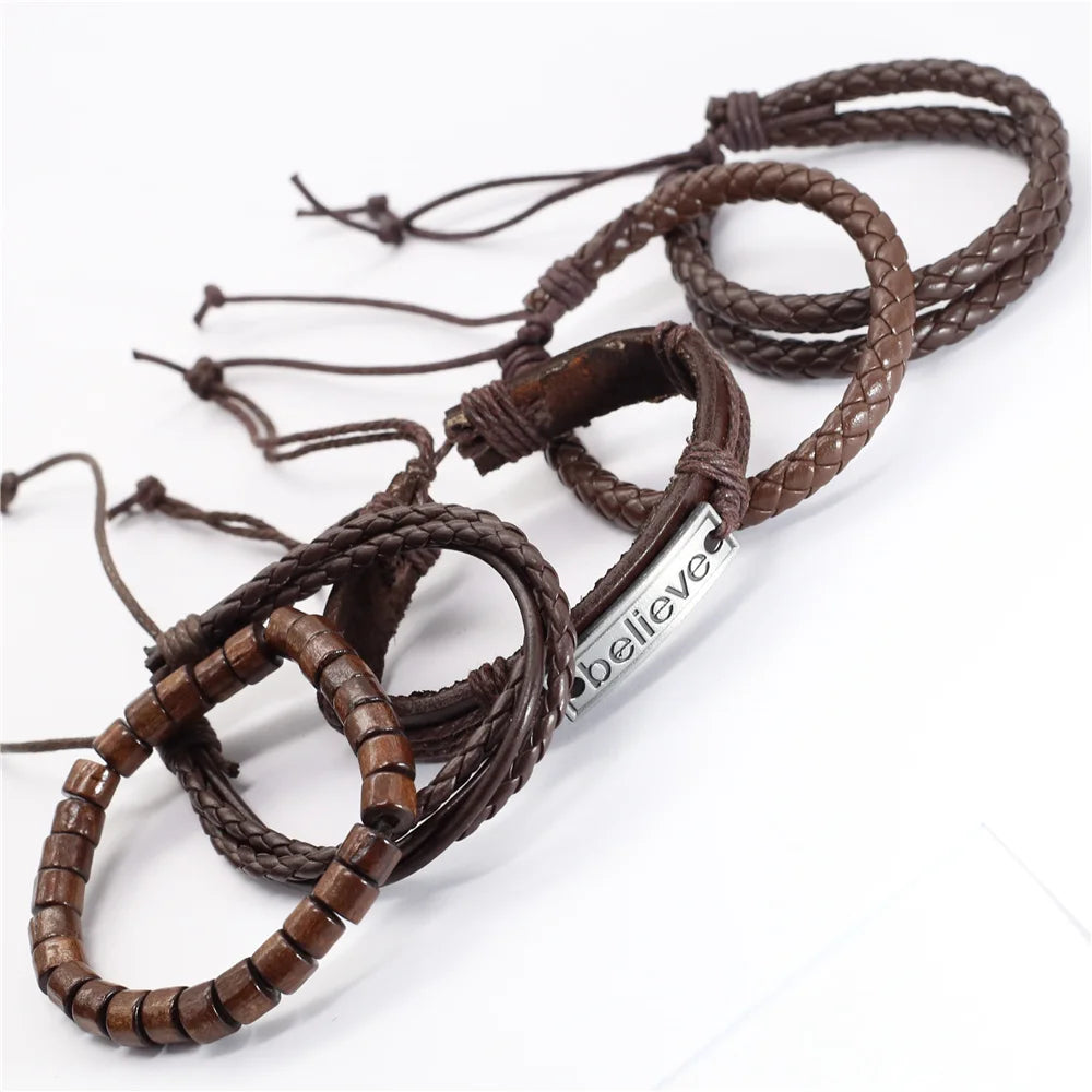 10pcs Black Woven Leather Bracelets Set”