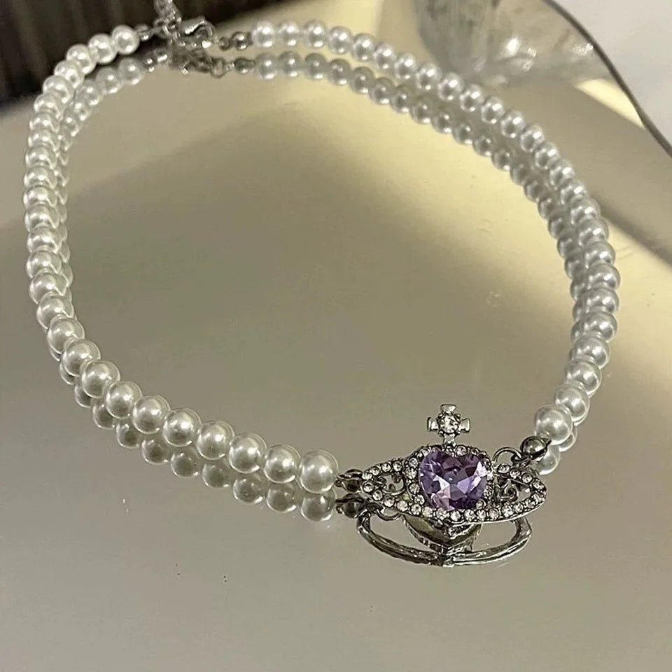 Korean Purple Heart Pearl Choker Necklace