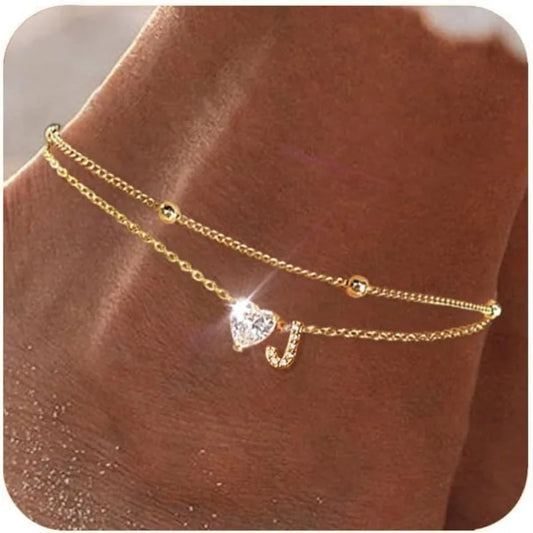 14K Gold Plated CZ Initial Heart Anklet, Waterproof