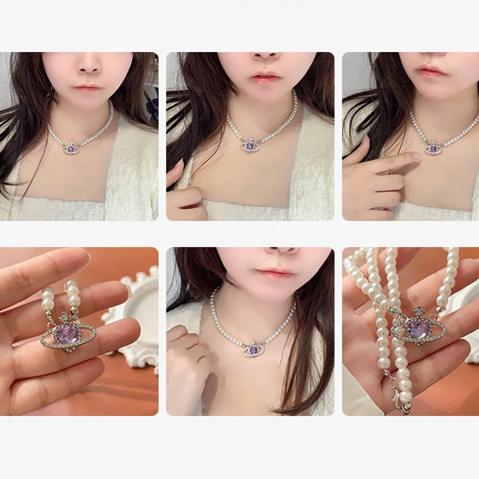 Korean Purple Heart Pearl Choker Necklace