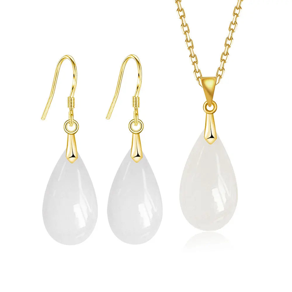 925 Silver White Jade Pendant Jewelry Set