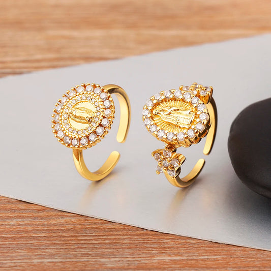"Retro Virgin Mary Zircon Ring – Adjustable Unisex Jewelry"