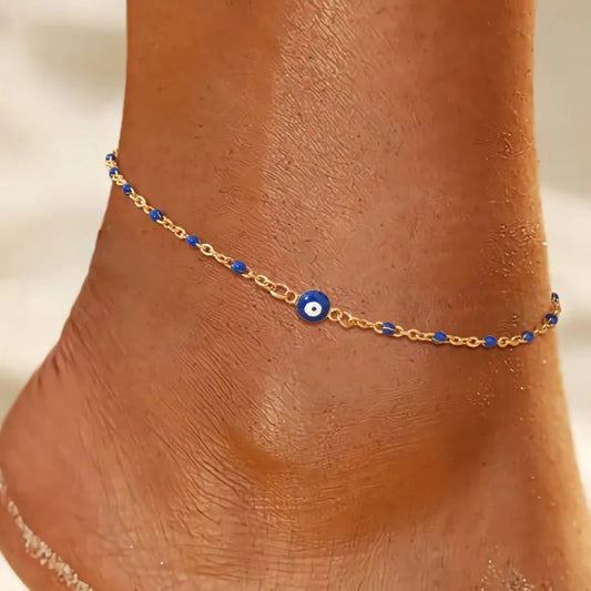 Stainless Steel Evil Eye Anklet, Blue Beads