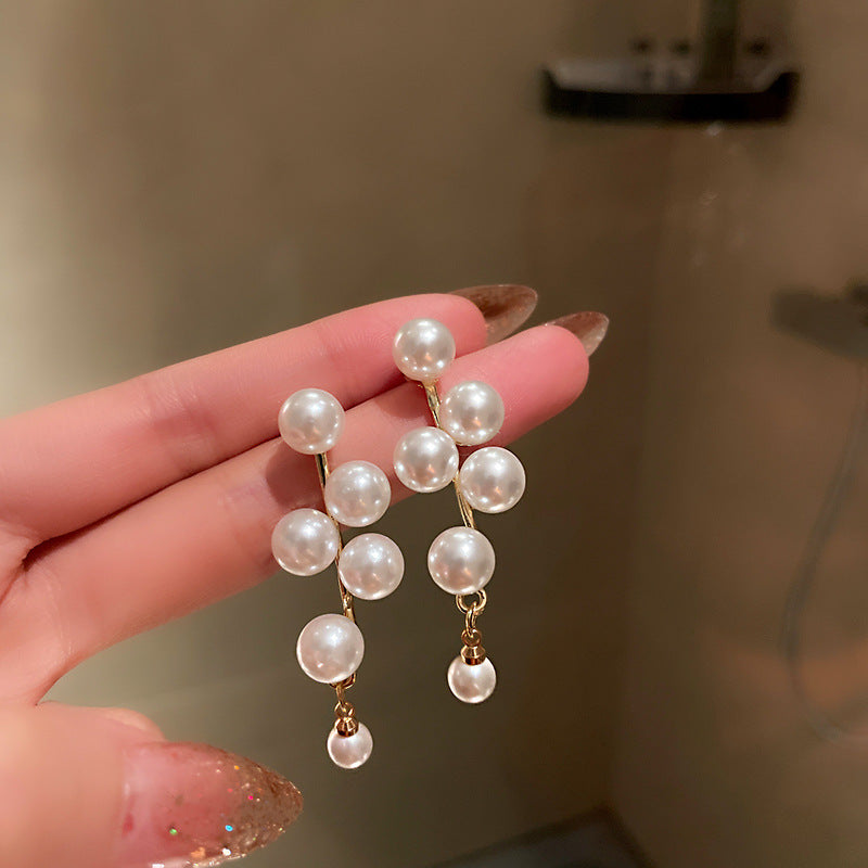 “Long Pearl Rhinestone Drop Earrings”