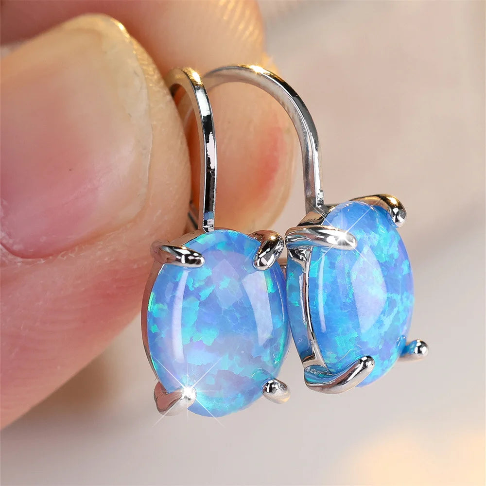 “Oval Opal Hoop Earrings for Women”