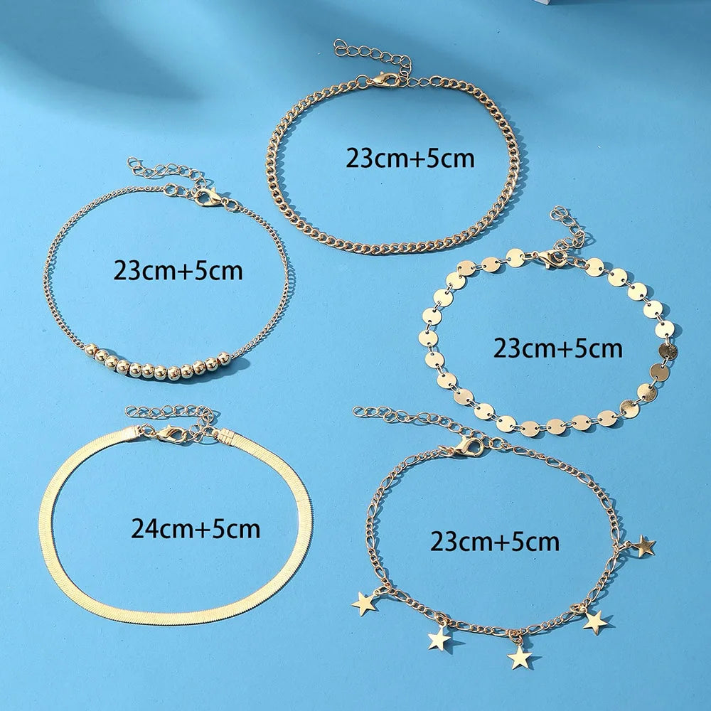 Boho Gold Snake Anklet Set with Charms