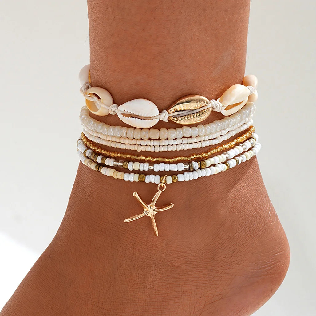 3PCS Retro Pearl & Shell Butterfly Anklet Set