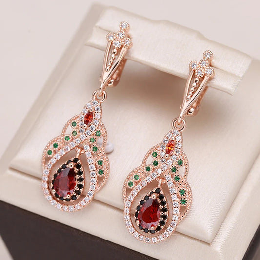 “585 Rose Gold Red Zircon Flower Earrings”