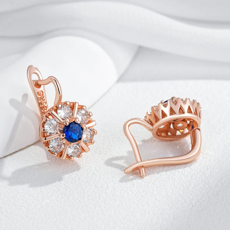 “585 Rose Gold Blue Zircon Flower Earrings
