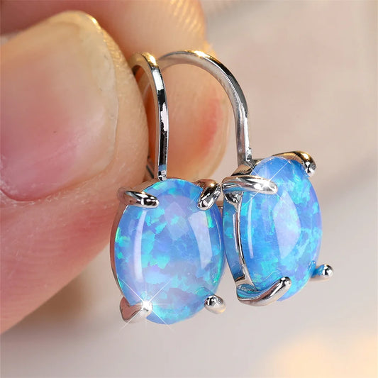 “Oval Opal Hoop Earrings for Women”
