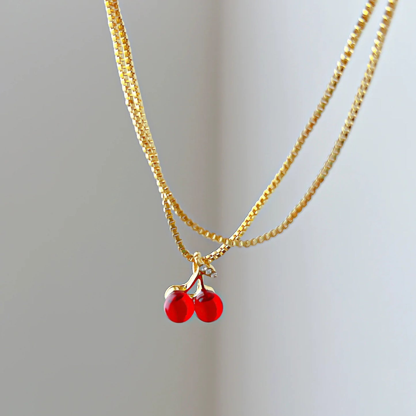 2024 Wine Red Cherry Gold Pendant Necklace