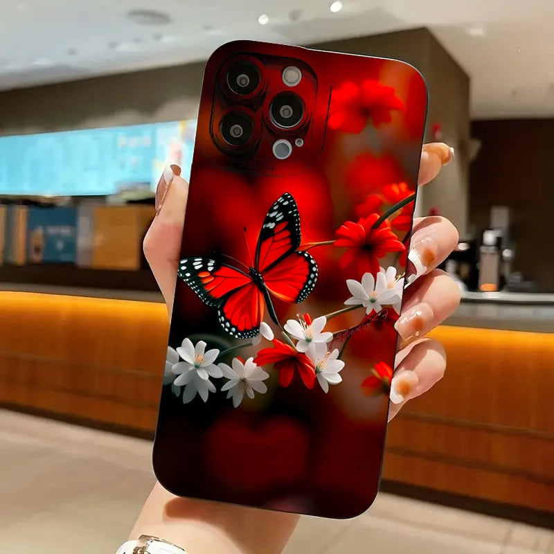 For iPhone 14 13 15 16 Pro Max Case Red Butterfly Flower Phone Case for iPhone 11 12 Mini Pro X XS XR 7 8 14 15 Plus SE2 Cover