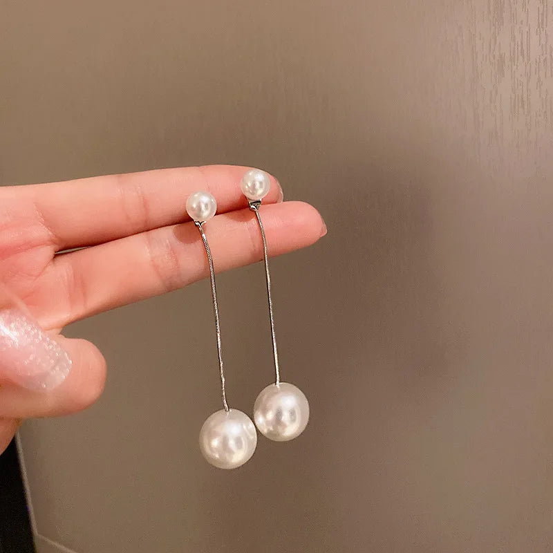 “Long Pearl Rhinestone Drop Earrings”
