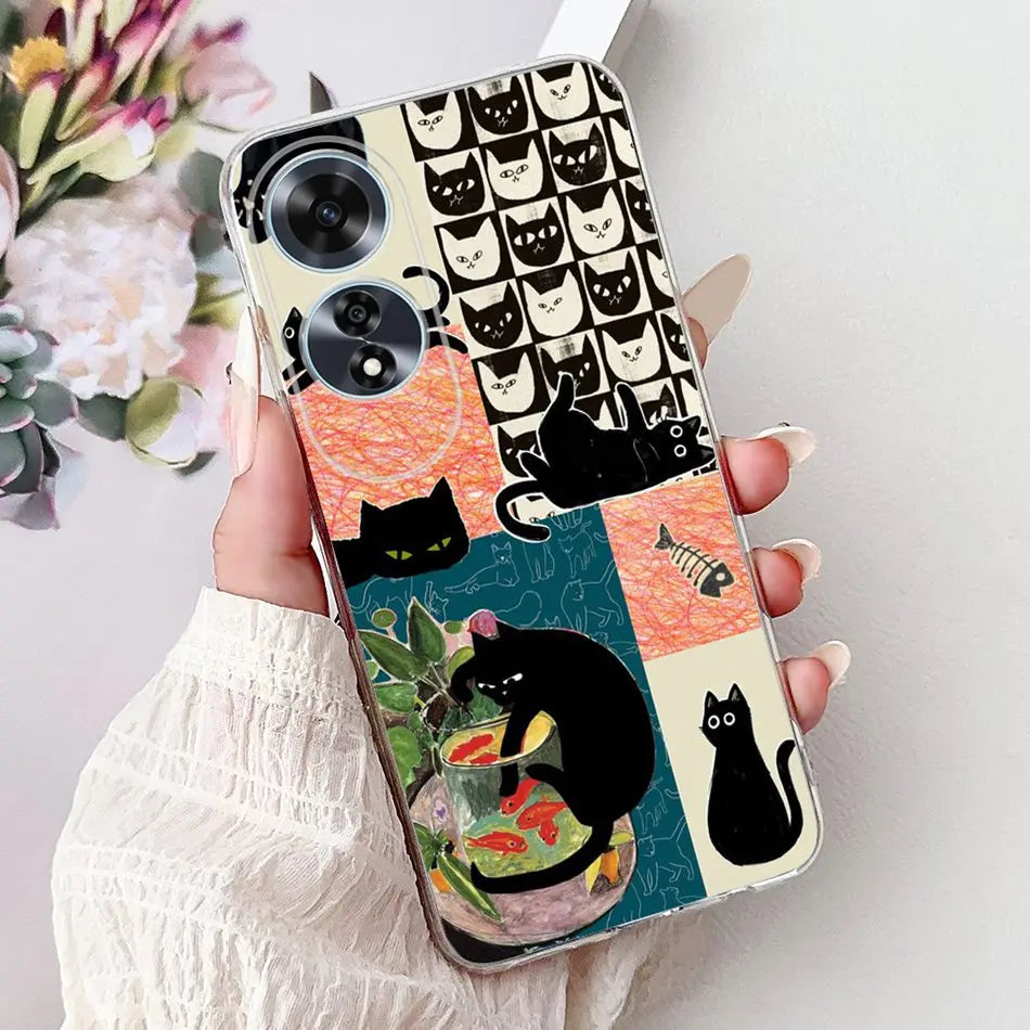 Elegant Floral Cat TPU Cover – OPPO A60