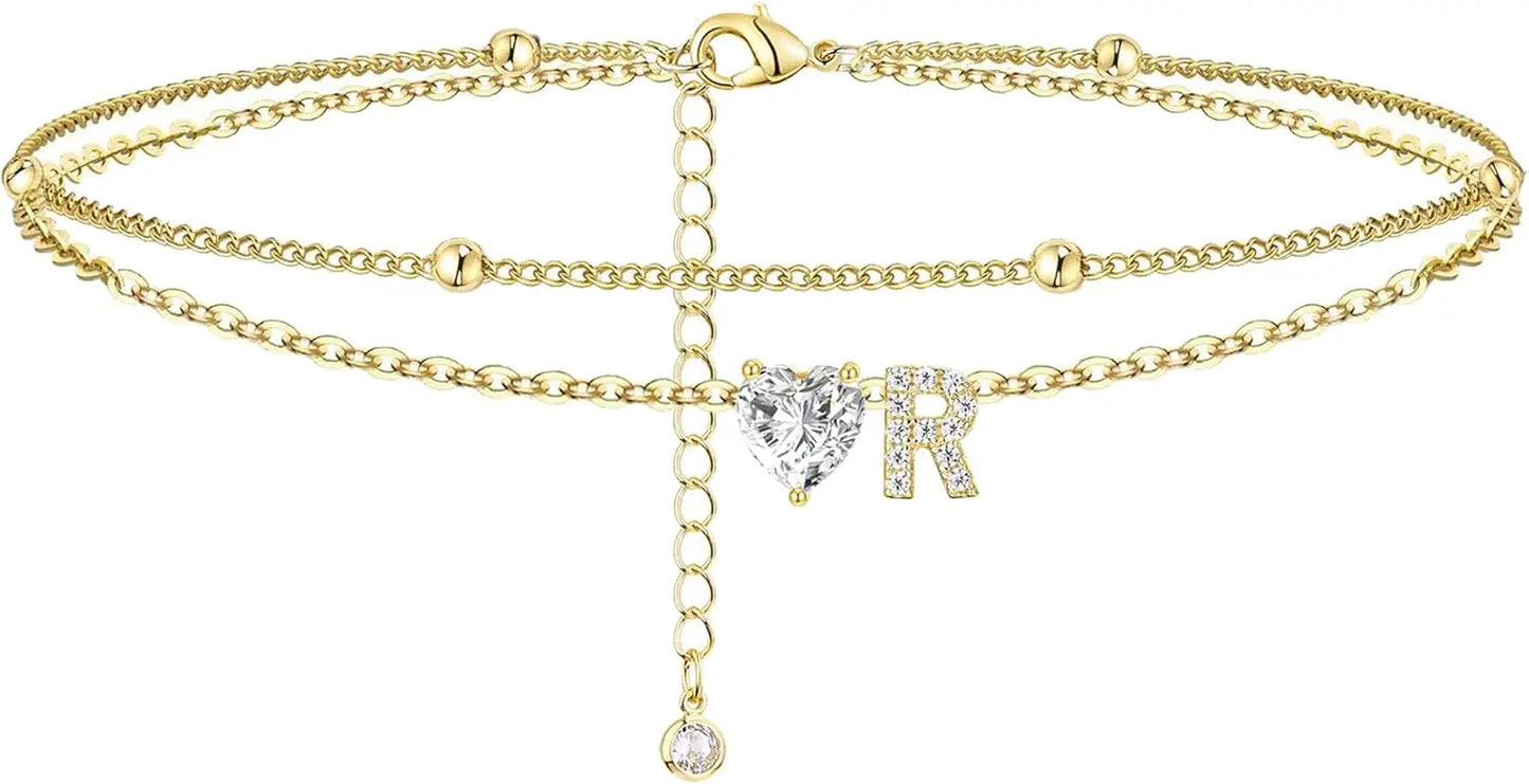 14K Gold Plated CZ Initial Heart Anklet, Waterproof