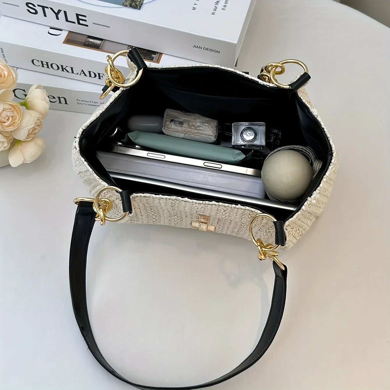 Chic Straw Woven Tote with Chain Leather Strap