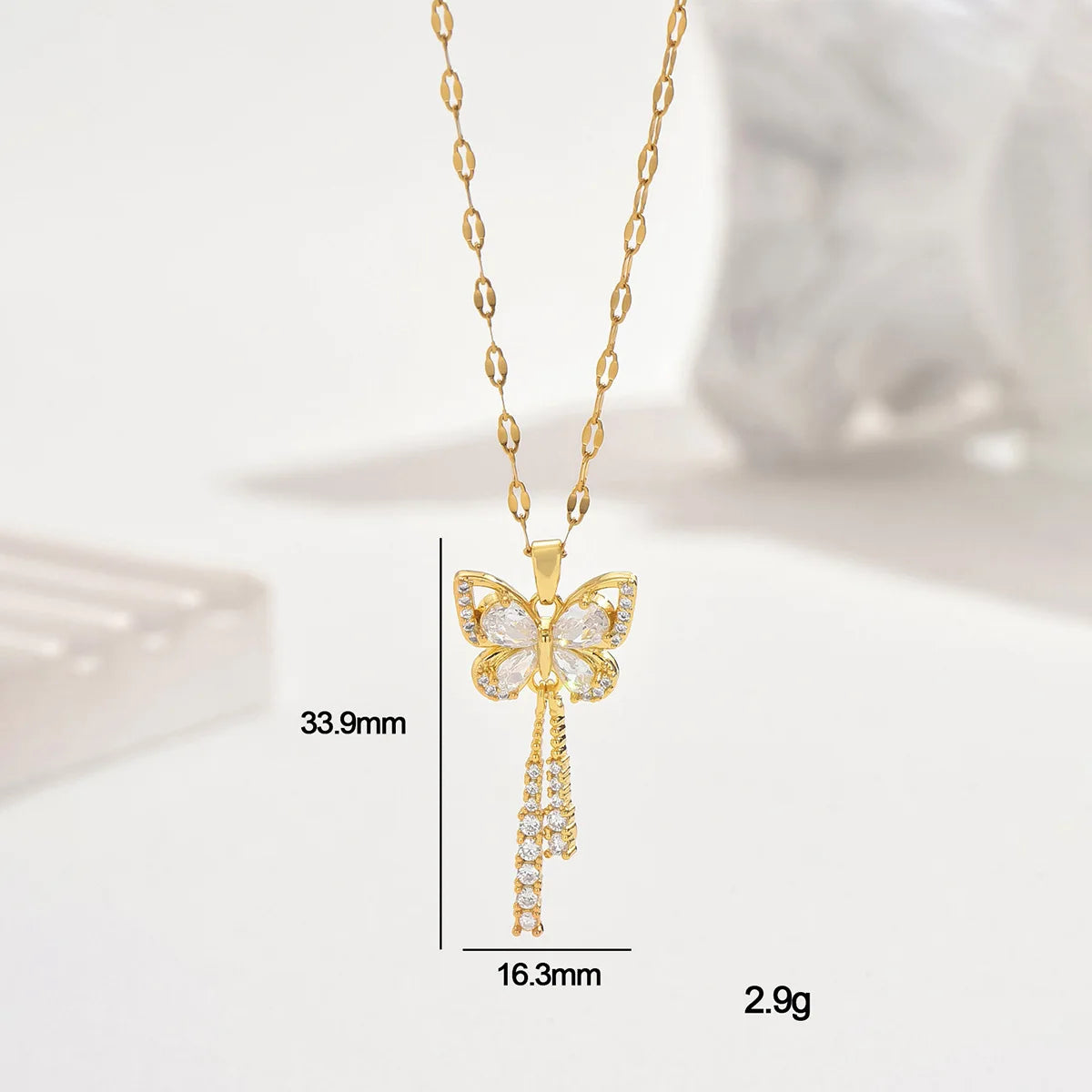 Titanium Steel Butterfly Zircon Tassel Necklace
