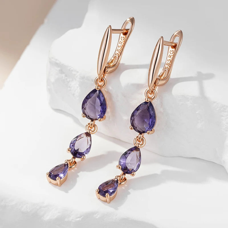 585 Rose Gold Purple Zircon Drop Earrings”
