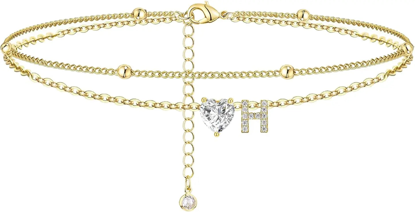 14K Gold Plated CZ Initial Heart Anklet, Waterproof
