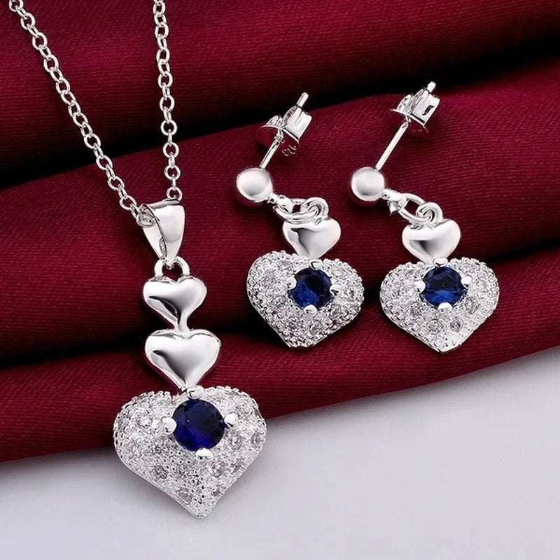 Cute pure 925 sterling silver wedding jewelry romantic blue zircon crystal heart pendant necklace Earrings fashion  set