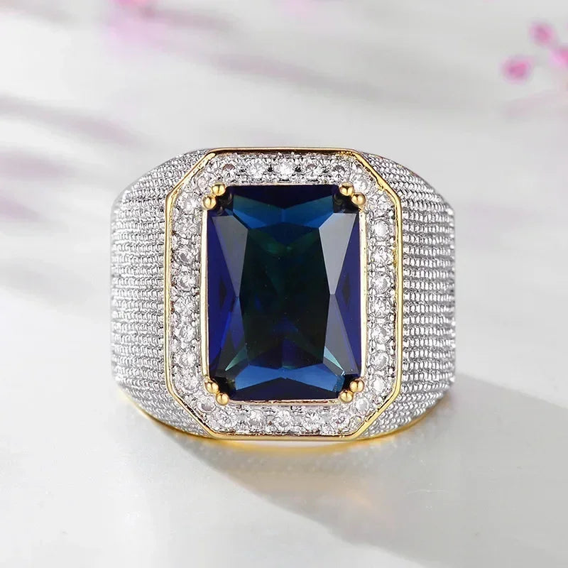 Gorgeous Blue/Black CZ Wide Ring for Men – Luxury Wedding & Party Jewelry”