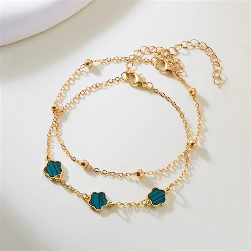 2PCS Lucky 5-Leaf Clover Anklet Set with Flower Charm