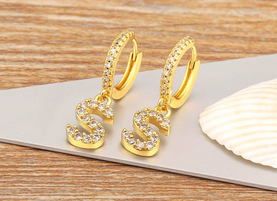 "Gold Zircon Alphabet Hoop Earrings A–Z – Fashion Jewelry Gift