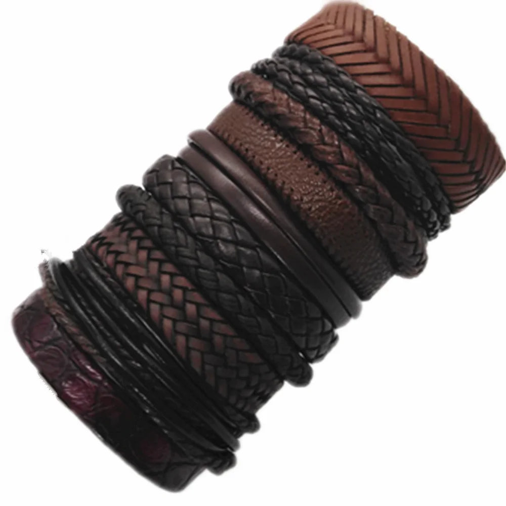 10pcs Black Woven Leather Bracelets Set”
