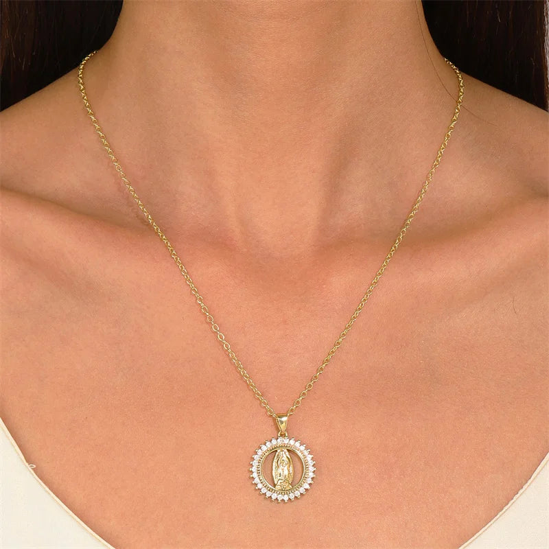 Copper Virgin Mary Zircon Pendant Necklace