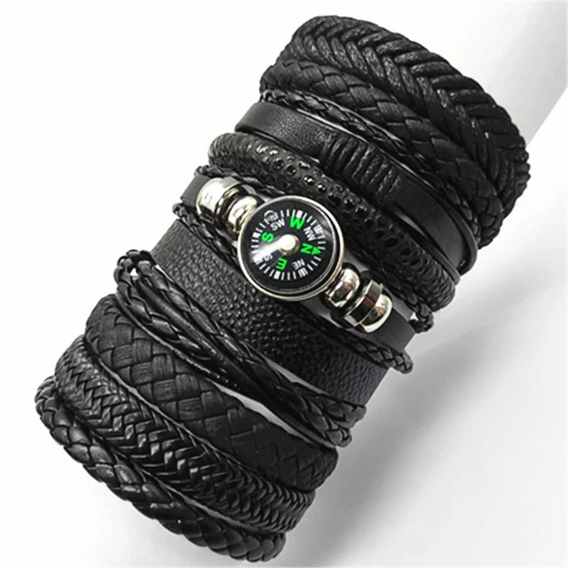 10pcs Black Woven Leather Bracelets Set”