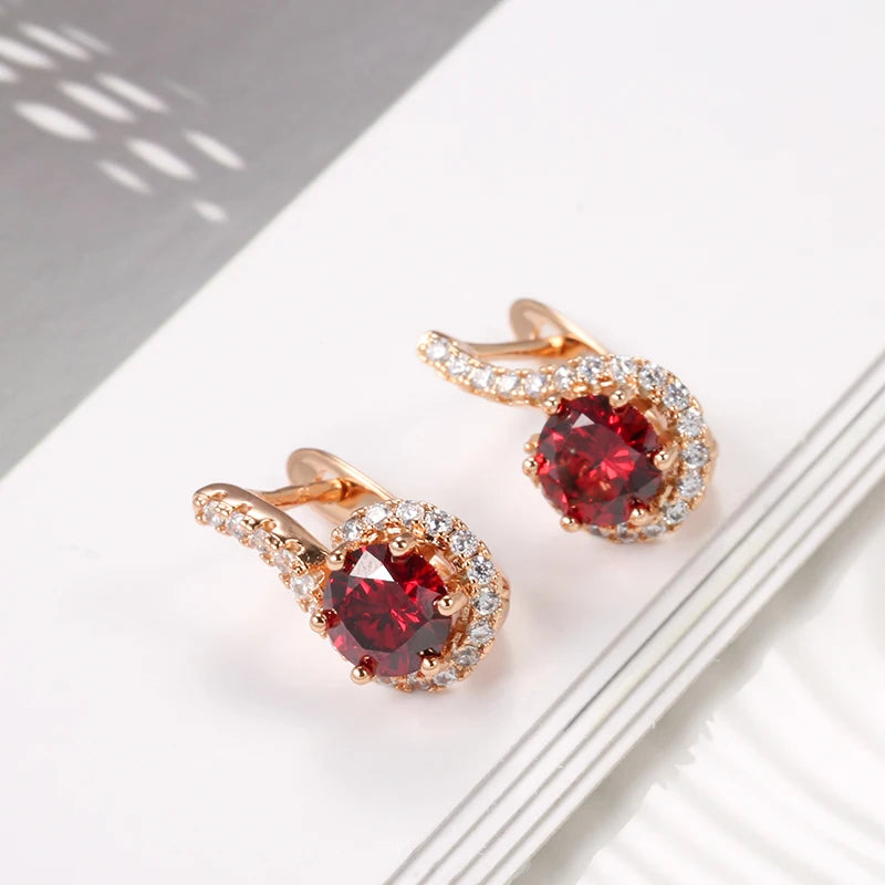 “585 Rose Gold Red Zircon Round Earrings